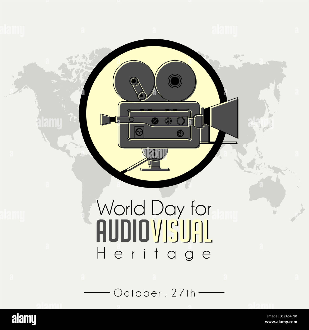 Giornata mondiale per l'audio patrimonio audiovisivo, celebrare il 27 ottobre, con la classica videocamera Vintage (vecchio filmato telecamera) vettore icona Foto Stock