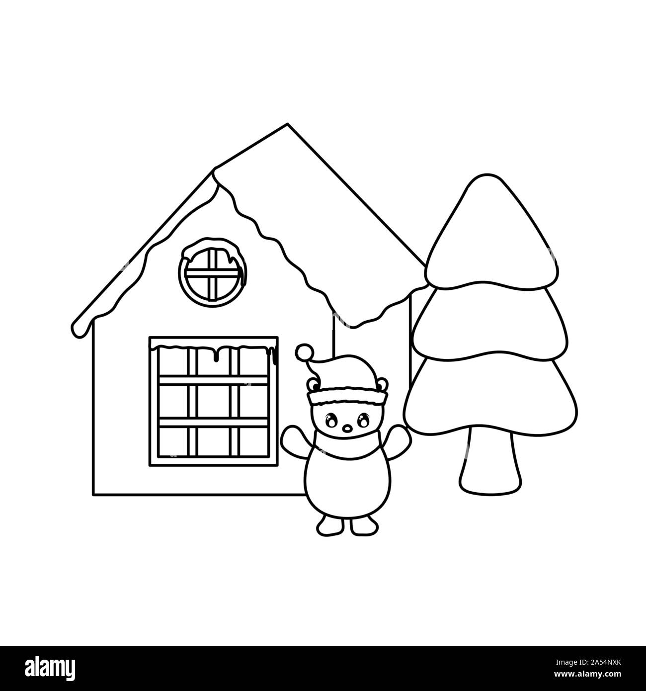 Simpatico orso polare con la casa di famiglia del vettore di fondo illustration design Illustrazione Vettoriale