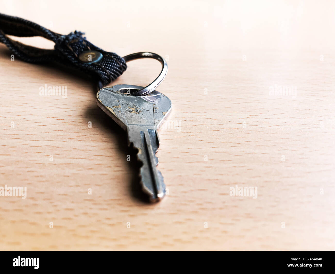 Chiave d'argento isolato sul pavimento di legno di messa a fuoco selettiva - busines, successo e consentire al concetto di accesso Foto Stock