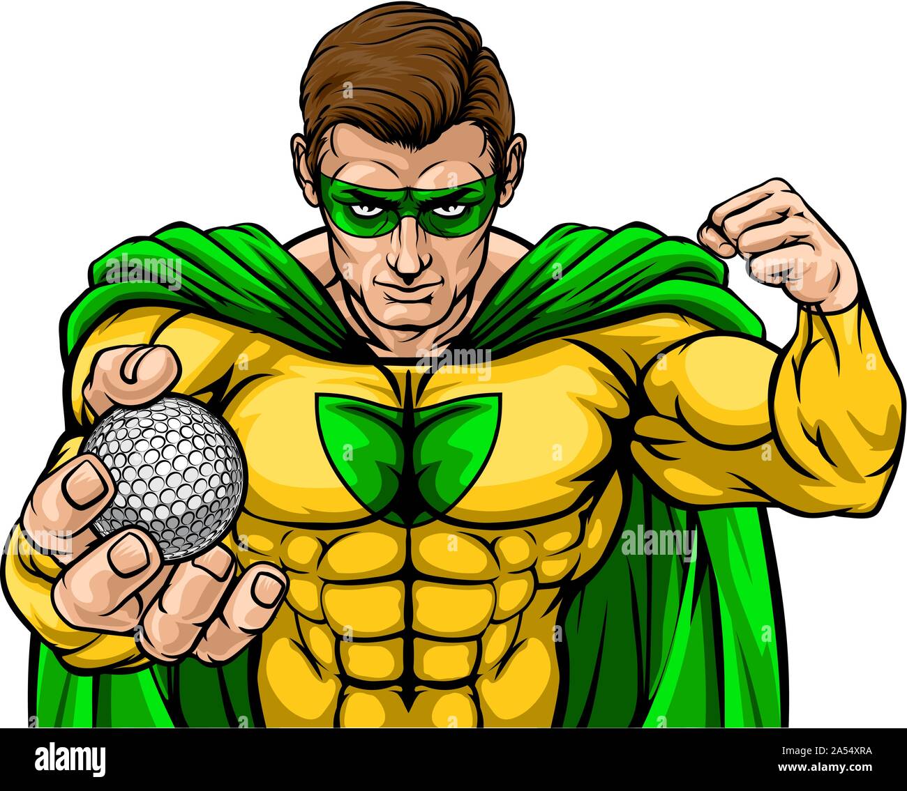 Il supereroe tenendo palla da golf sport Mascot Illustrazione Vettoriale