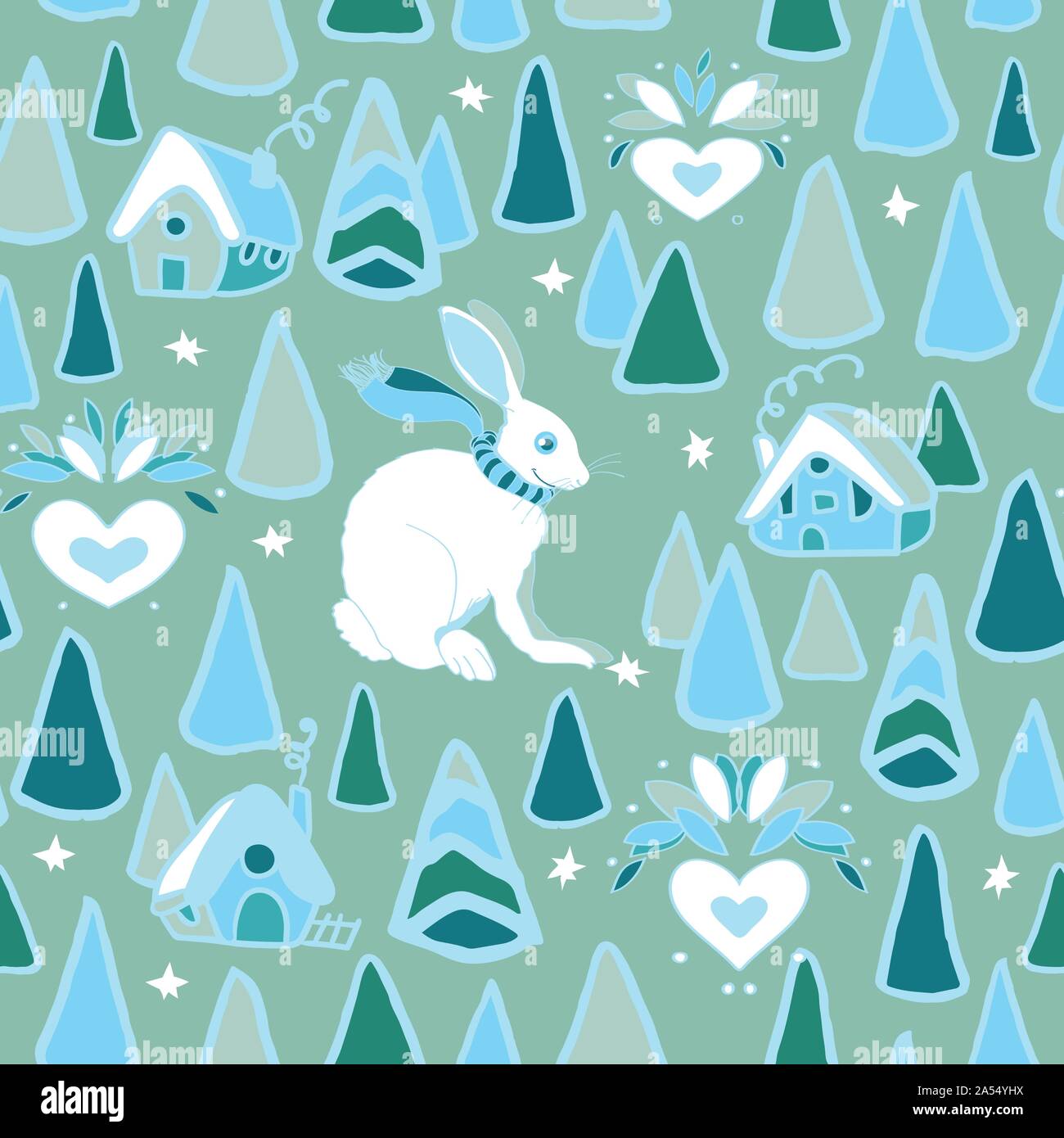 Accogliente winter foresta natale pattern con disegnati a mano albero, cottage e snow bunny in blu e i toni di ghiaccio su sfondo muto. Happy design perfetto per il tuo giorno di inverno e Natale. Illustrazione Vettoriale