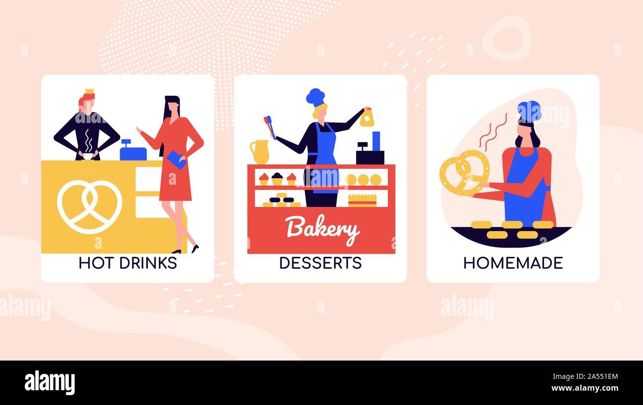 Dolci da forno shop vettore colorato modello di pagina di intestazione Illustrazione Vettoriale