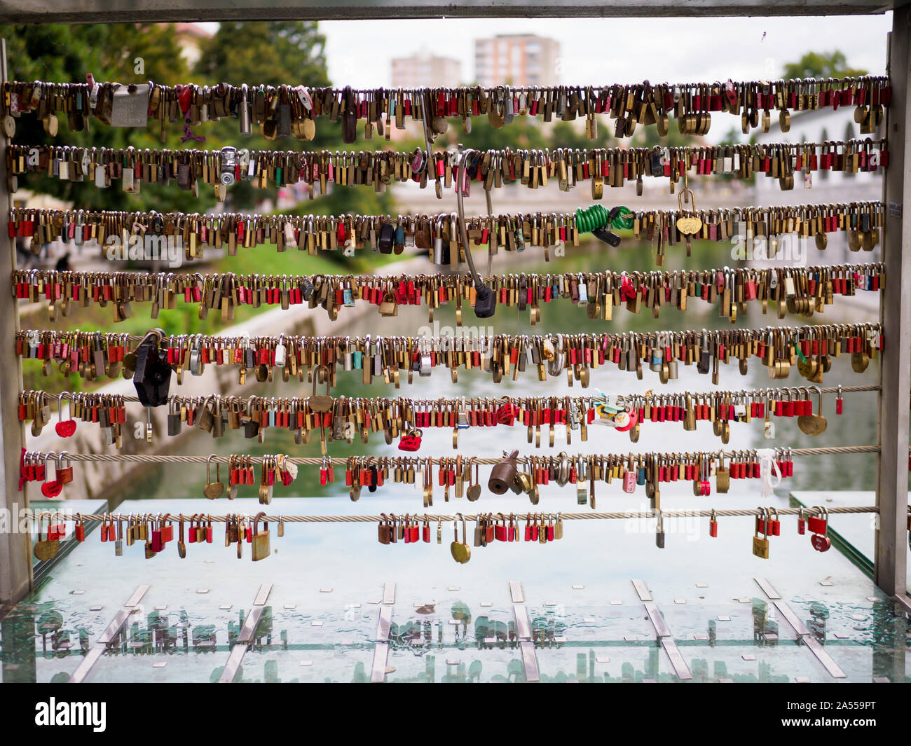 Macelleria Bridge a Ljubljana, Slovenia con amore blocca attaccata Foto Stock