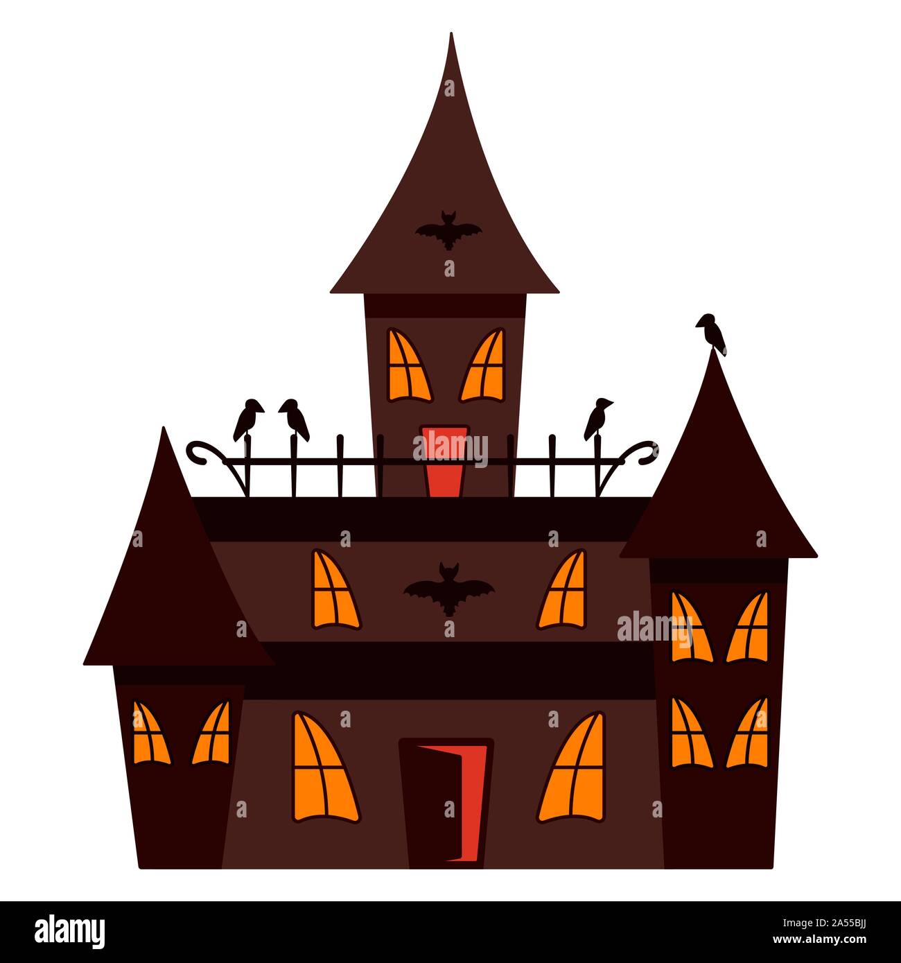 Castello di mostri e vampiri. Corvi neri. Happy halloween illustrazione. La luce nella finestra, bat Foto Stock