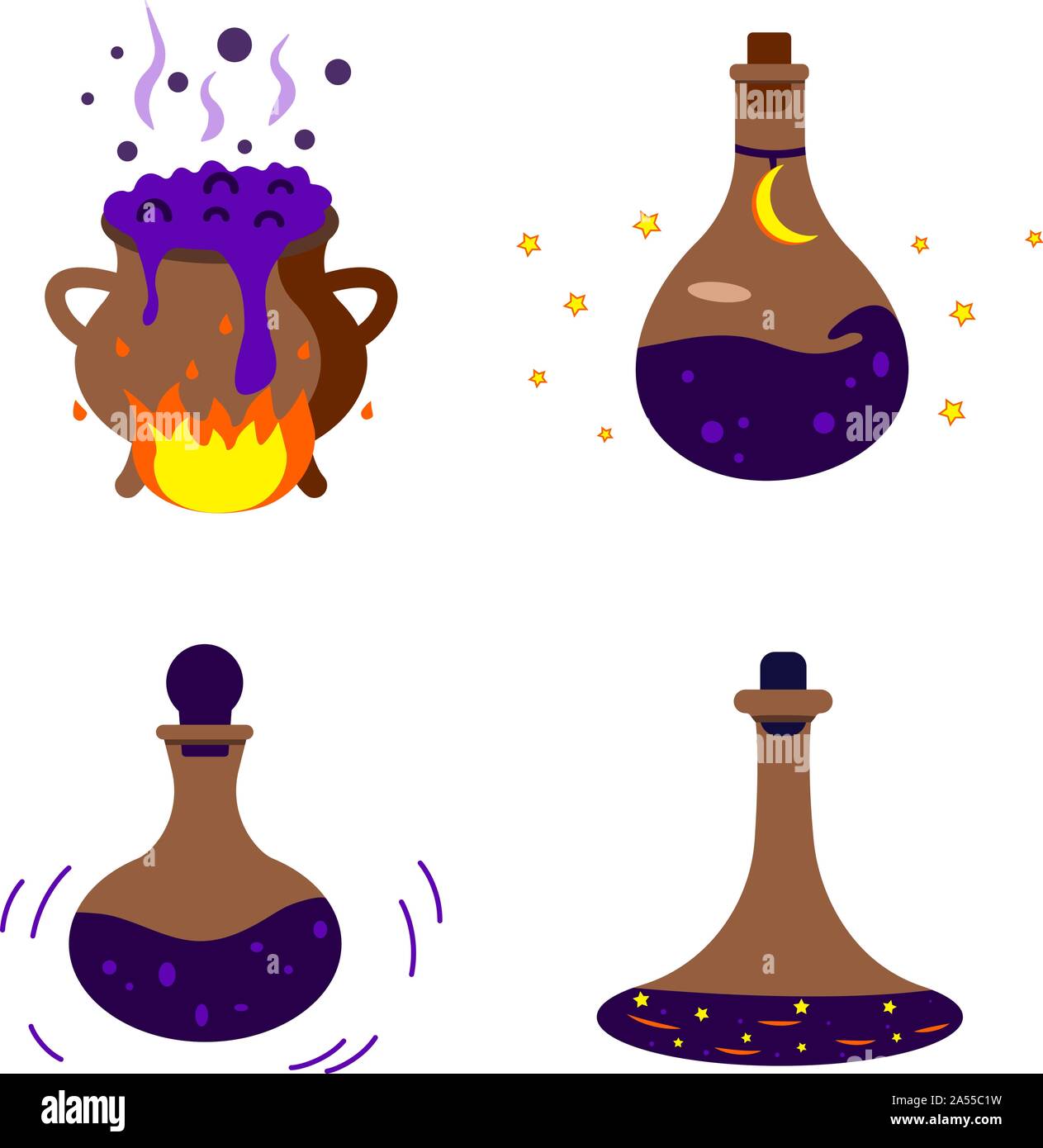 Set di pozione magica in una bottiglia, stregoneria. Halloween. Icona del gioco di magia elixir. Design per app interfaccia utente Illustrazione Vettoriale