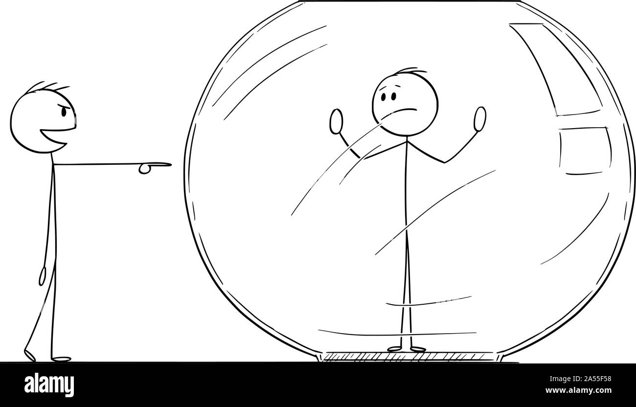 Vector cartoon stick figura disegno illustrazione concettuale dell'uomo o imprenditore intrappolato all'interno acquario o pesce serbatoio. È concorrente di ridere di lui dall'esterno. Illustrazione Vettoriale