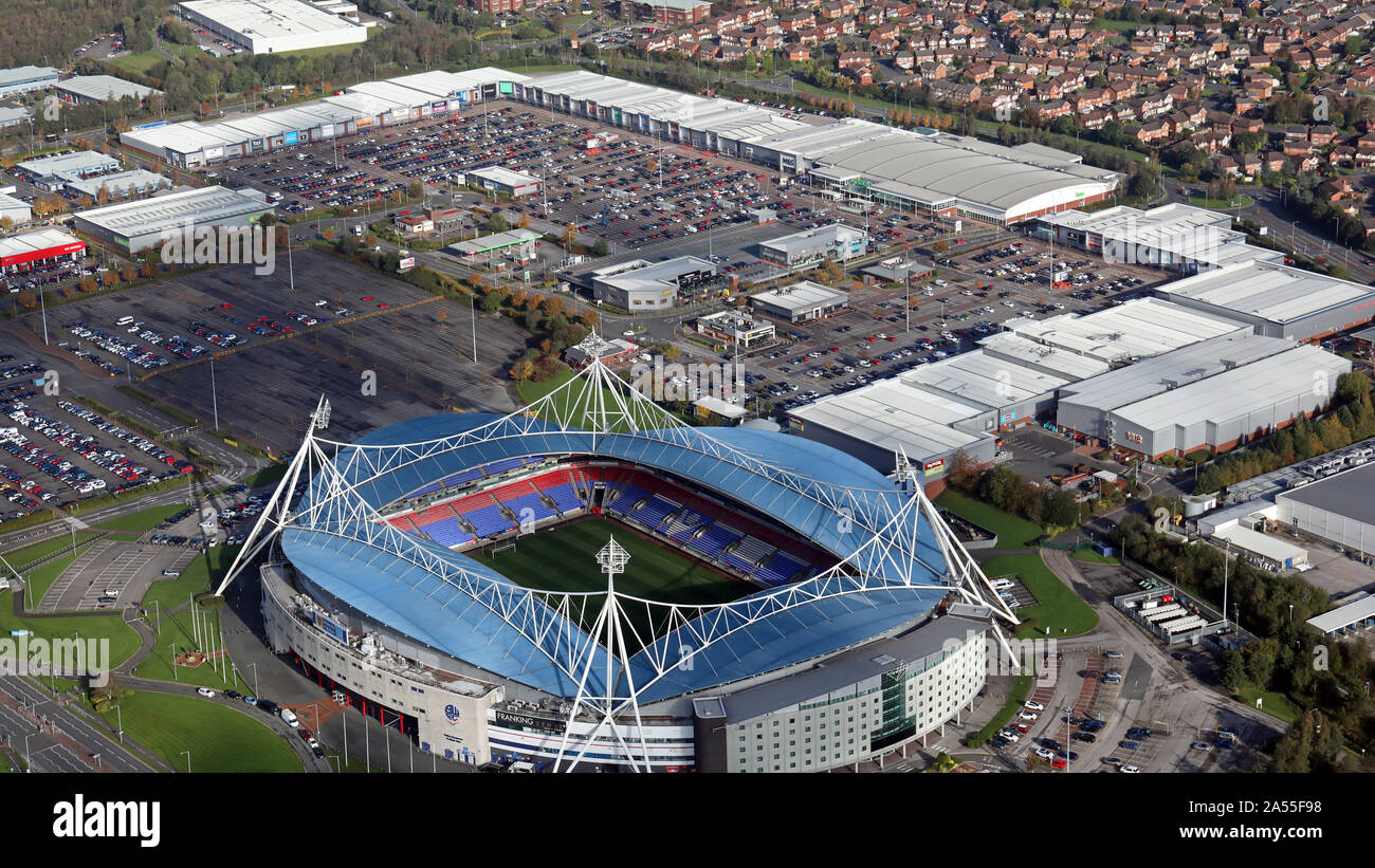 Vista aerea del Middlebrook Retail & Leisure Park parte di Reebok lo sviluppo a Bolton, Lancashire Foto Stock Vista aerea del Middlebrook Retail & Leisure Park parte di Reebok lo sviluppo a Bolton, Lancashire Foto Stock