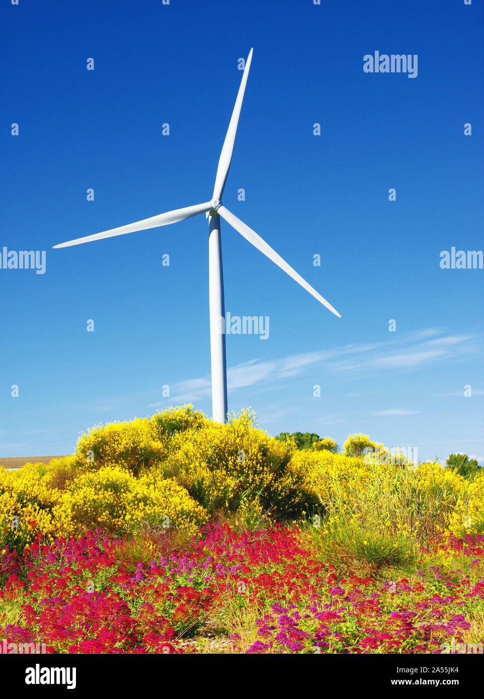 La produzione di energia pulita con turbine eoliche sul cielo blu sullo sfondo Foto Stock