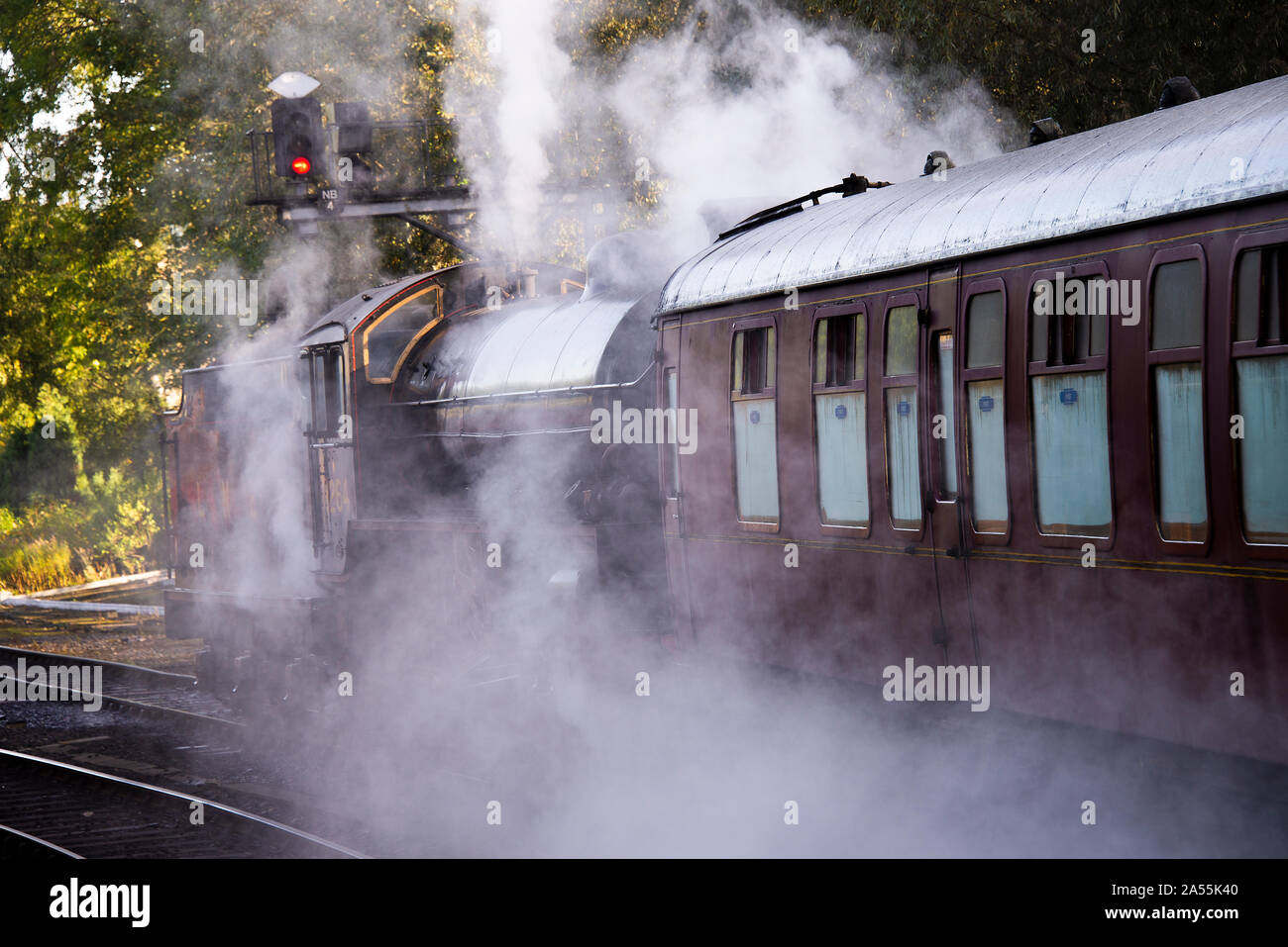 L'ex locomotiva a vapore LNER B1 1264 alla stazione di Pickering Caricamento passeggeri per un viaggio a Whitby sulla NYMR North Yorkshire Inghilterra Regno Unito Foto Stock