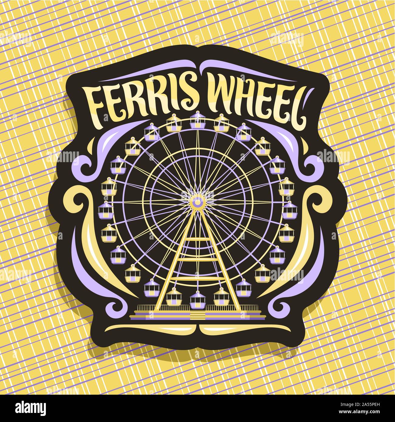 Il logo del vettore per la ruota panoramica Ferris, segno nero con fairground ride attrazione sul cielo notturno sfondo nel parco di divertimenti, spazzola originale carattere tipografico per parole Illustrazione Vettoriale