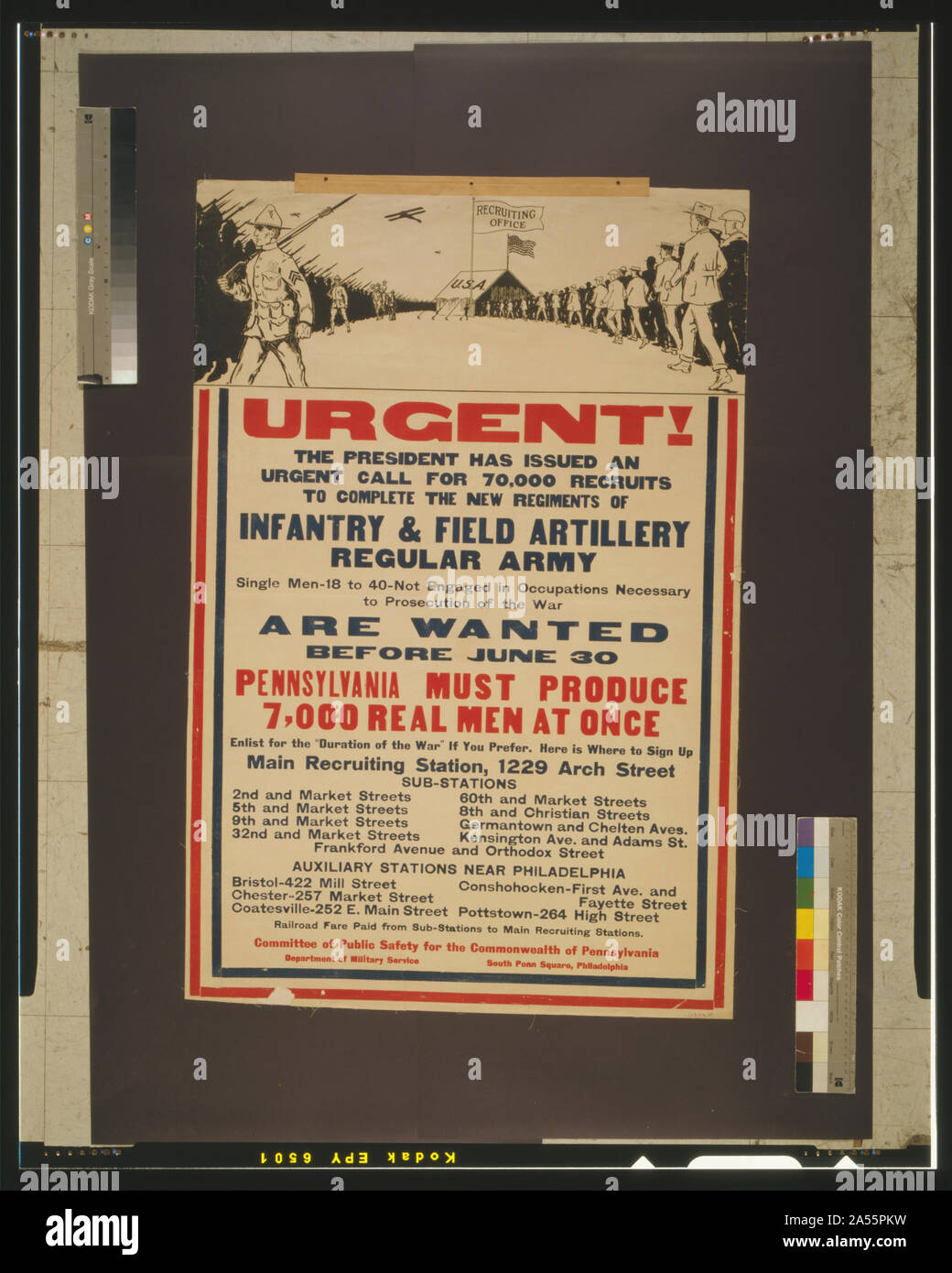 Urgente! Il presidente ha diffuso un appello urgente per 70.000 reclute per completare i nuovi reggimenti di fanteria & campo artiglieria, esercito regolare Abstract: U.S. Esercito il reclutamento di poster che mostra gli uomini in abiti civili di entrare in un ufficio di reclutamento e uscendo in uniforme militare, dà anche le posizioni della principale stazione di reclutamento, sub-stazioni, e stazioni ausiliarie, e constata che la ferrovia tariffa pagata da sub-stazioni alle principali stazioni di reclutamento. Foto Stock