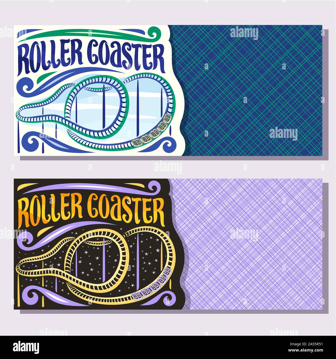 Banner di vettore per Roller Coaster con copia spazio, cartoon treno scendete in loop di una torsione rollercoaster nel parco di divertimenti, spazzola originale carattere tipografico per Illustrazione Vettoriale