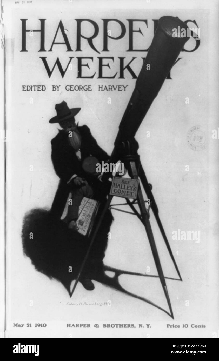 Usando un telescopio di strada, un newsboy scorci cometa di Halley, nei titoli dei documenti che lui è la vendita Foto Stock