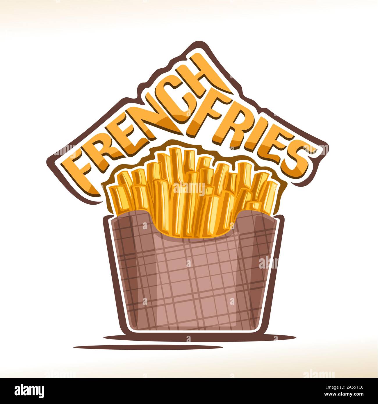 Il logo del vettore per patatine fritte, poster con fritti croccanti bastoncini di patata in marrone pack, carattere tipografico originale per parole fritte, isolati o illustrazione Illustrazione Vettoriale