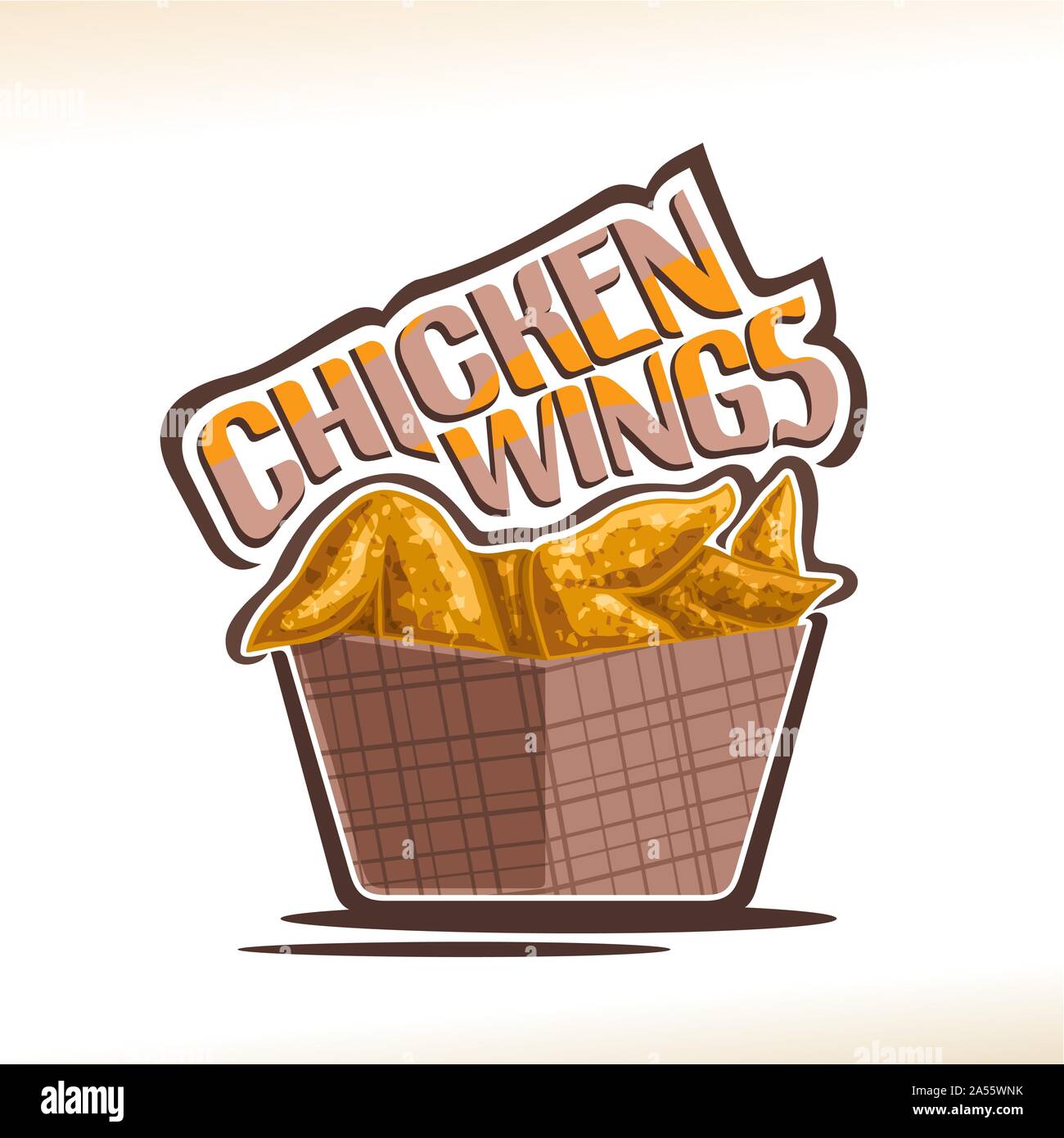 Il logo del vettore per ali di pollo, poster con croccante di Kentucky Fried pollame in marrone astuccio, carattere tipografico originale per parole di ali di pollo, illustrazione Illustrazione Vettoriale
