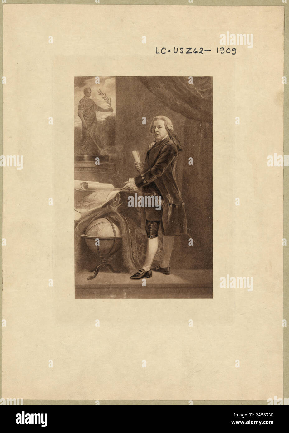 Vicepresidente John Adams, ritratto a figura intera, in piedi accanto a globe, rivolto verso sinistra, tenendo il documento Foto Stock