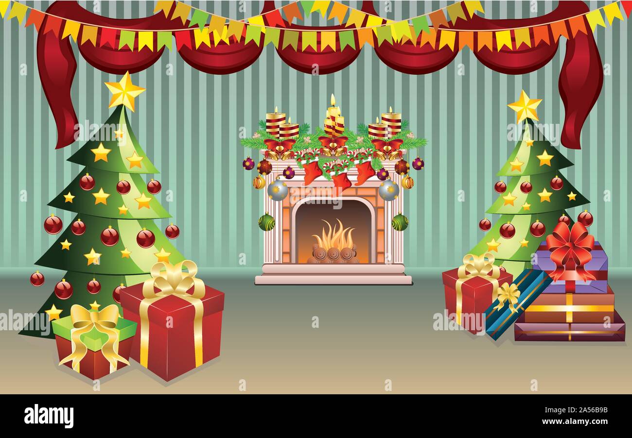 Cartoon soggiorno interno decorato per il Natale. Illustrazione Vettoriale