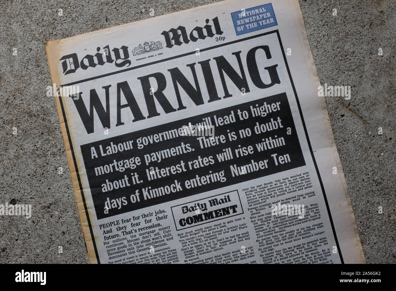 Il Daily Mail Avvertenza contro l elezione di un governo laburista a due giorni prima del Regno Unito 1992 elezione generale. Foto Stock