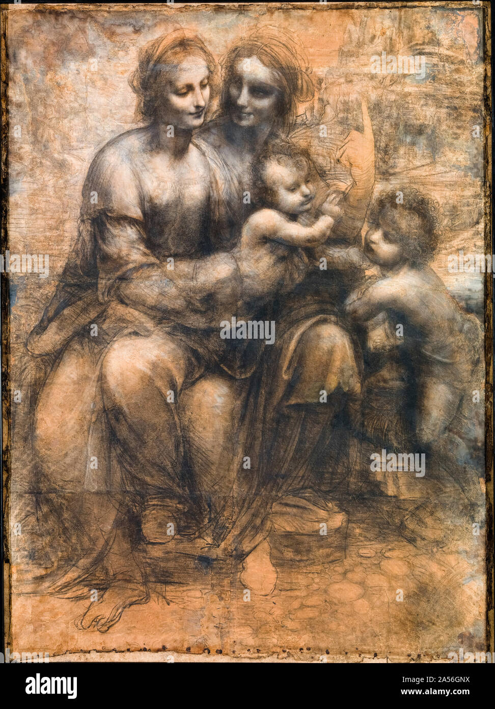 Leonardo Da Vinci, la Vergine con il Bambino e Sant'Anna e San Giovanni Battista, pittura, 1499-1500 Foto Stock