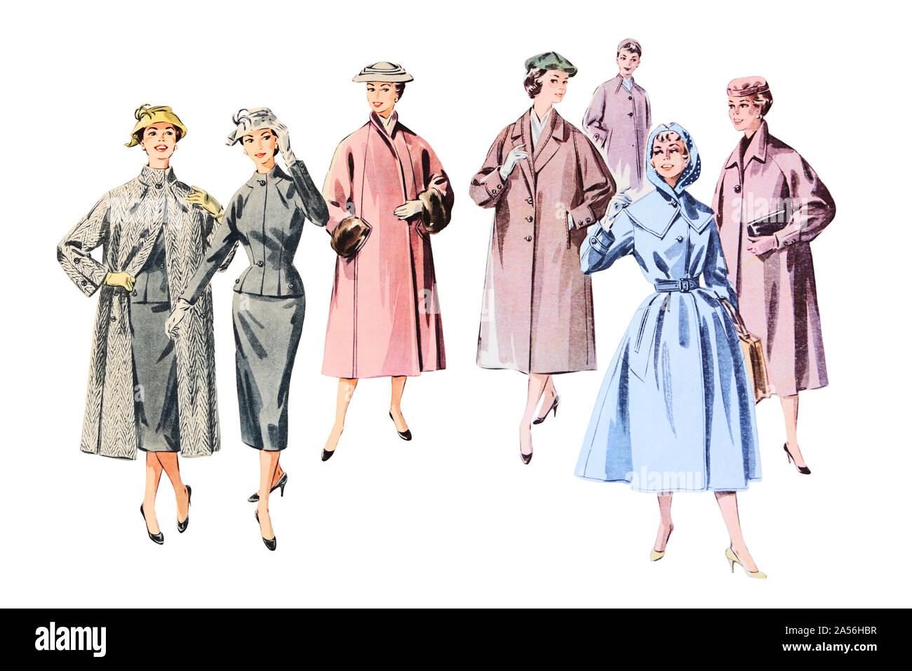 Top coat per le donne, isolato su bianco. Moda 1958-1959 Foto Stock