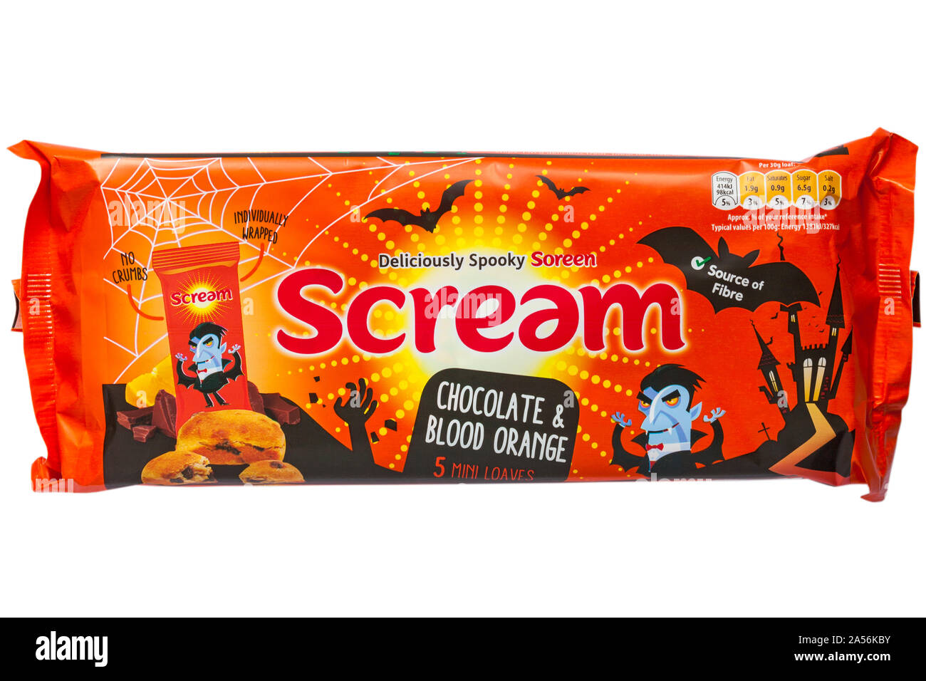 Urlo deliziosamente spooky Soreen cioccolato & Arancio sanguigno 5 mini focacce confezionate singolarmente isolati su sfondo bianco - Pronto per Halloween Foto Stock