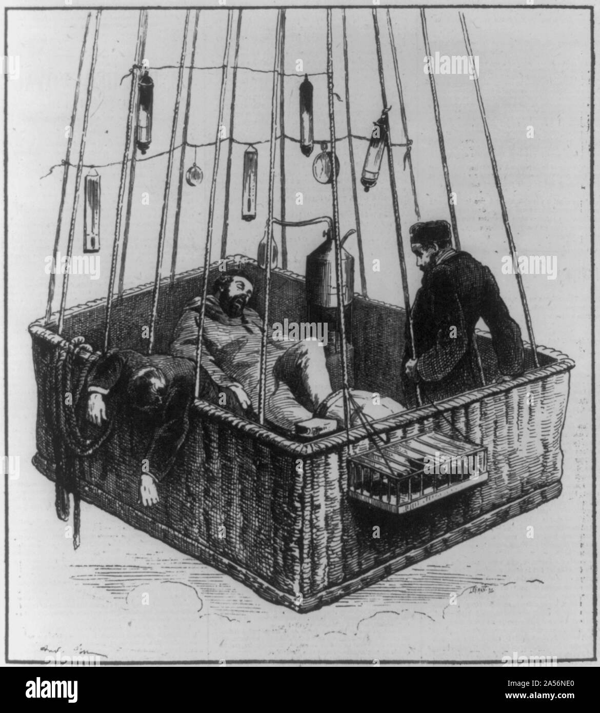 Vista del giornalista Giuseppe Crocé-Spinelli, addetto navale Henri Sivel, e Gaston Tissandier nel cestello del palloncino, Zénith, dopo la perdita di coscienza a causa della mancanza di ossigeno dopo il raggiungimento di una quota di quasi 28.000 ft., nei pressi di Parigi, in Francia, in aprile, 1875 Foto Stock