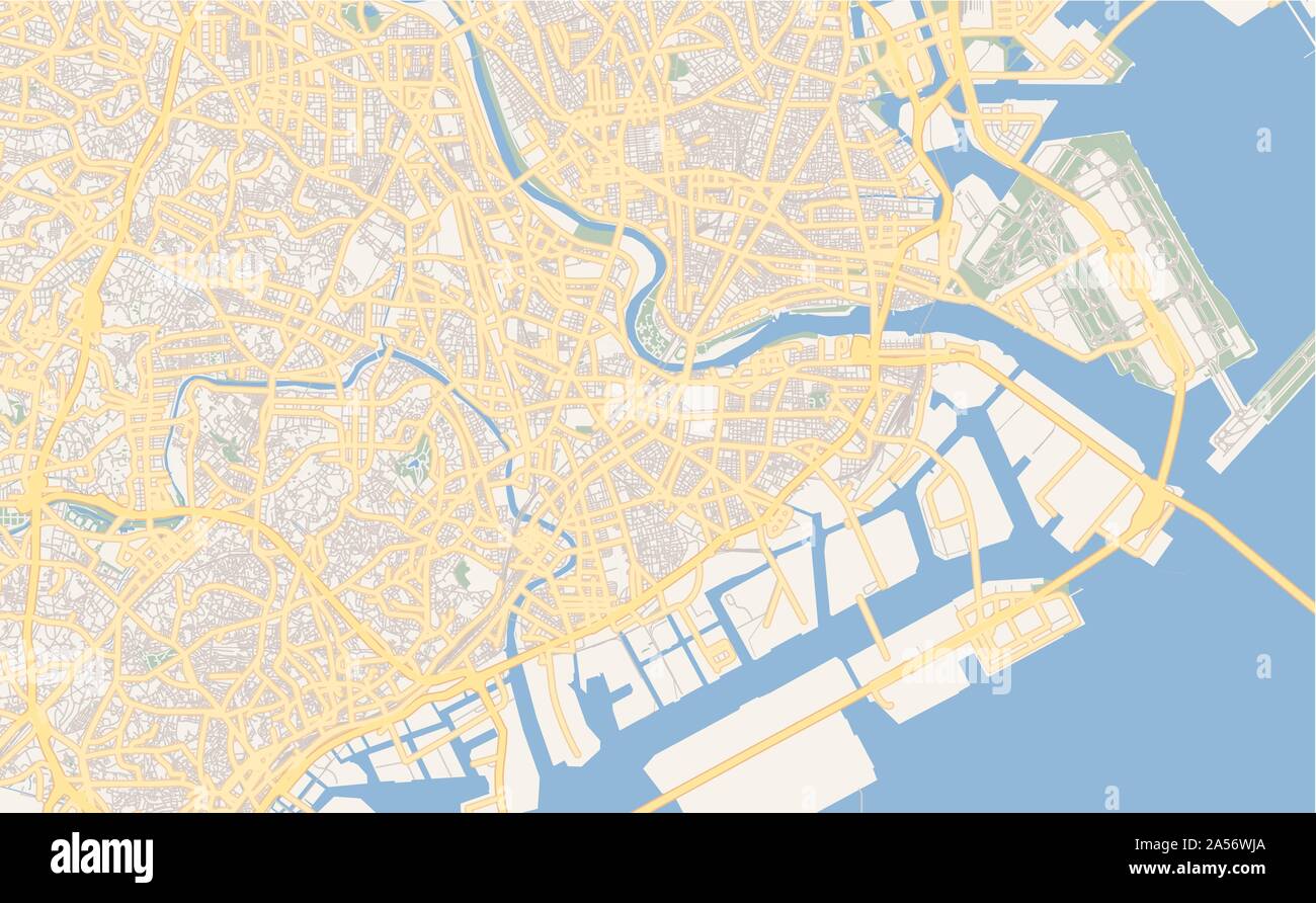 Versione stampabile cartina stradale di Kawasaki, prefettura Kanagawa, Giappone. Mappa modello per uso aziendale. Illustrazione Vettoriale