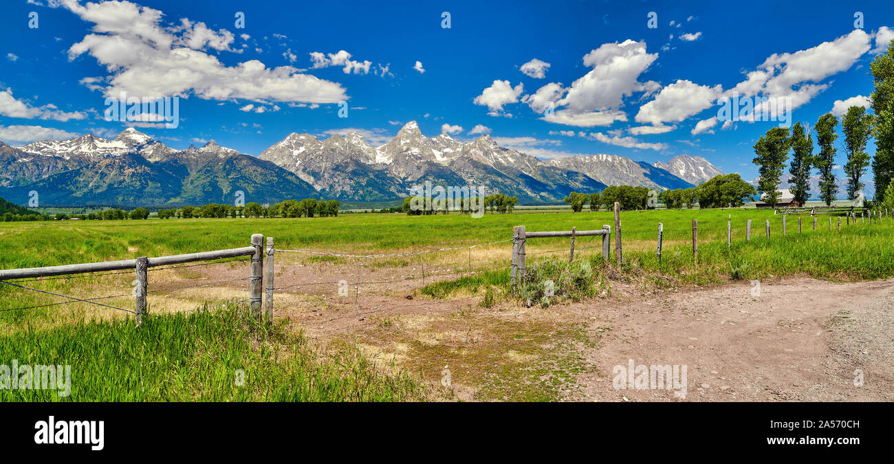 Recinzione e campo con il Grand Teton mountians in background. Foto Stock
