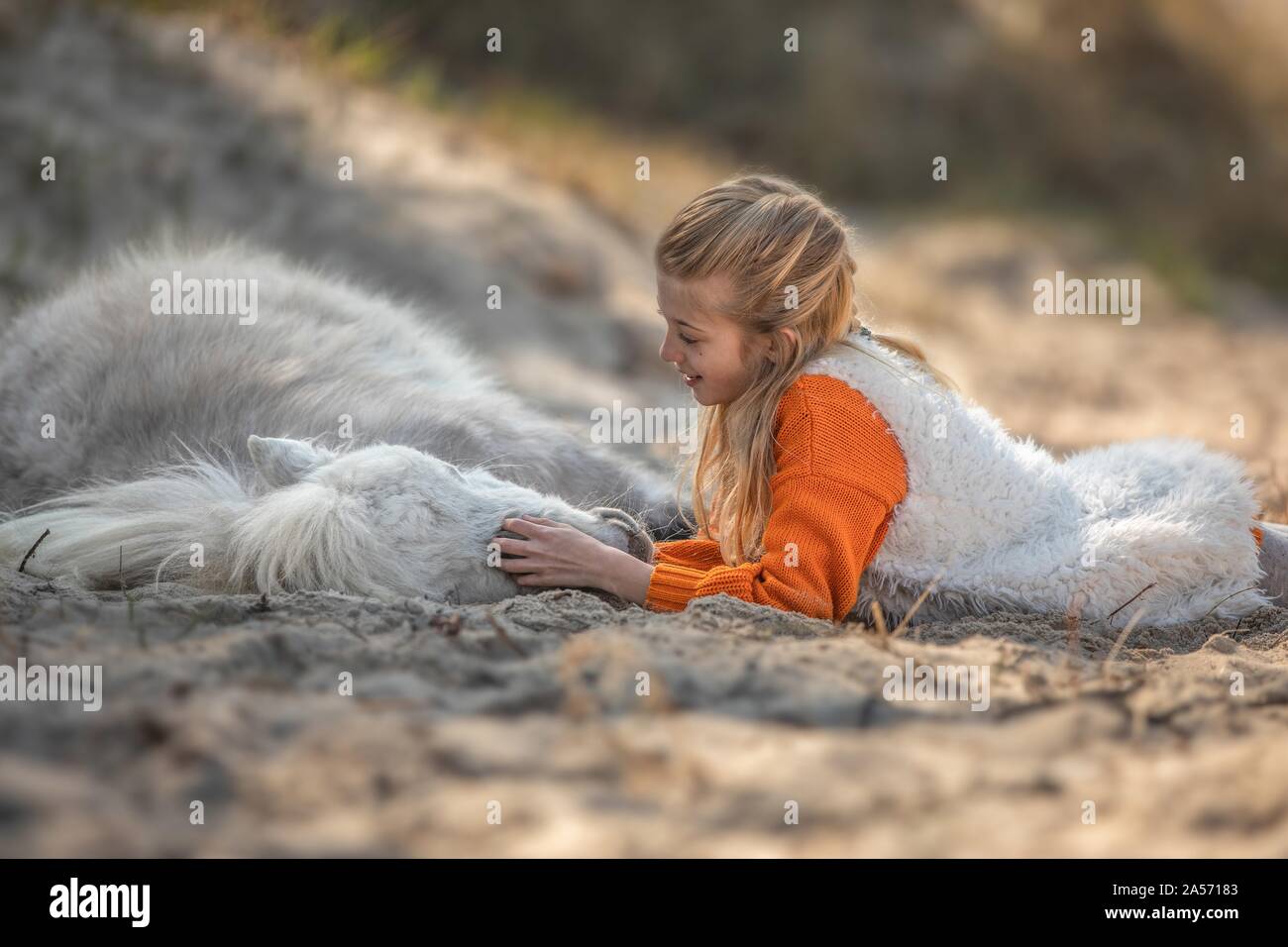 Ragazza e pony Shetland Foto Stock