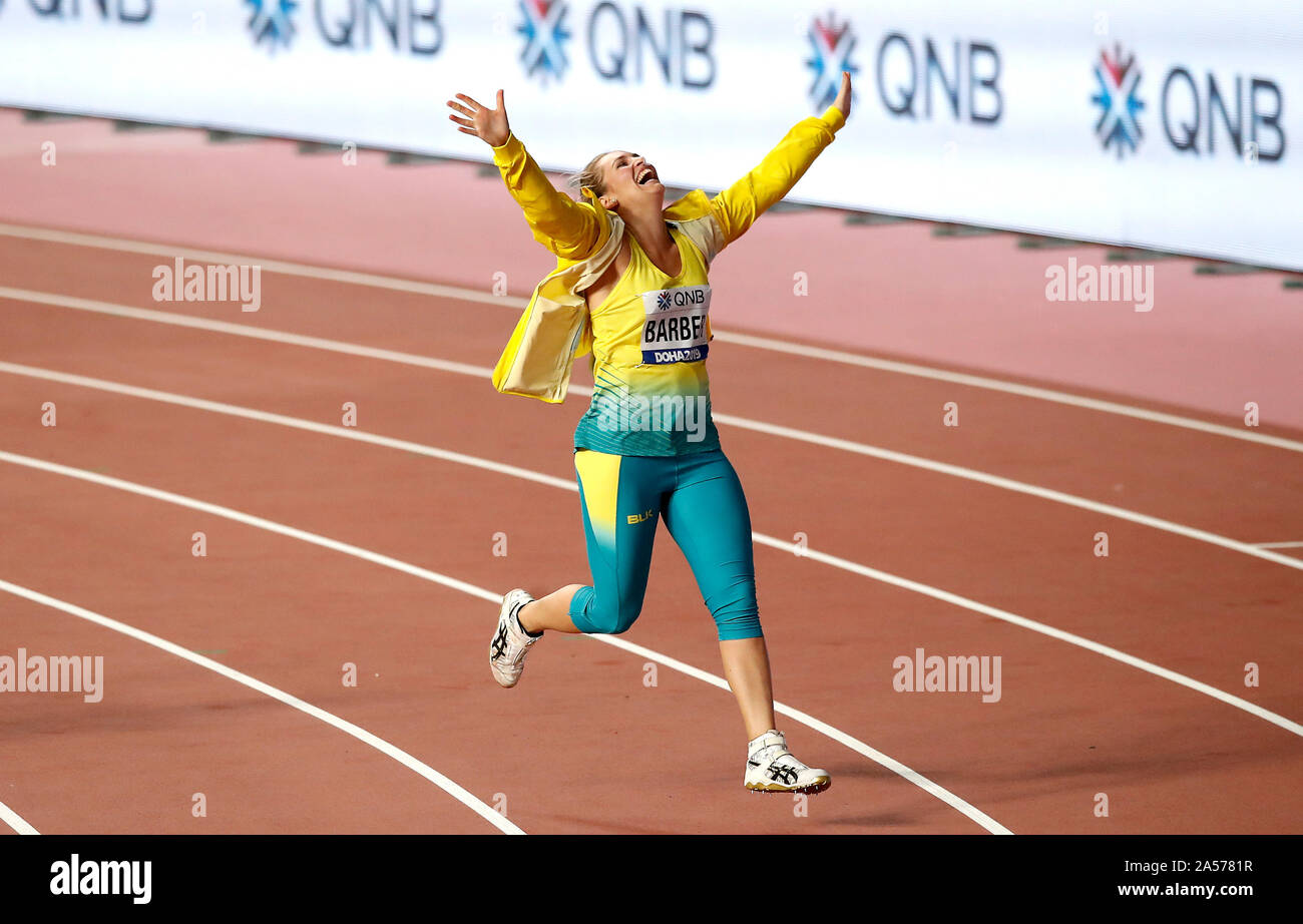 Australia Kelsey-Lee Barbiere celebra l'oro in donne del lancio del giavellotto Finale Foto Stock