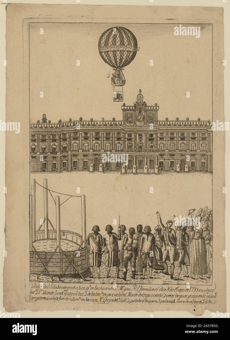 Vista del globo areostatico qe. se hecho ante Ss. La sig.ra y su Rl. familia el dia 8 de enero de 1793 en el qual fue Dn. Vicente Lunardi y cayó â las 2 de la tarde Foto Stock