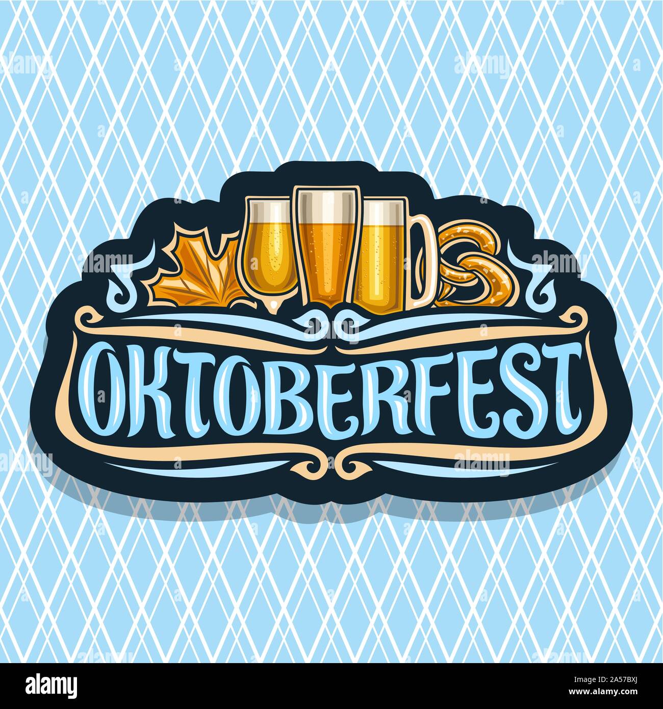 Il logo del vettore per l'Oktoberfest, segno scuro con Foglia di acero e pretzel, vetreria con bevande alcoliche, etichetta per la birra tedesca festival con t originale Illustrazione Vettoriale