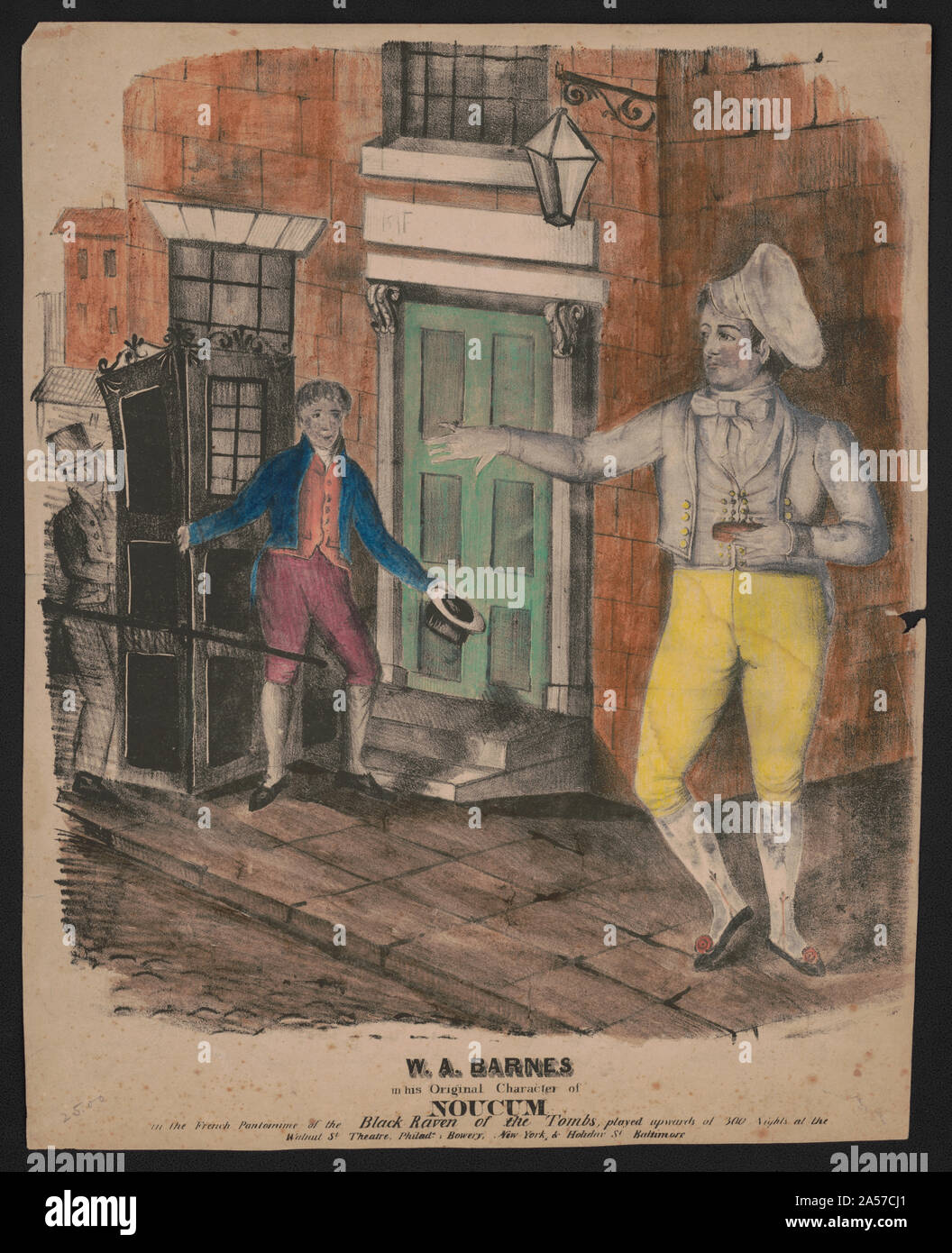 W.A. Barnes nel suo carattere originale di Noucum in francese pantomine del corvo nero delle tombe, svolto verso l'alto di 300 notti in noce San Theatre, Philada., Bowery, New York, & Holiday San Baltimore Foto Stock