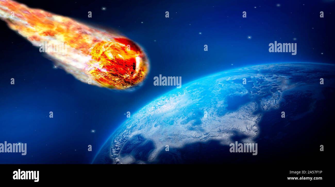 Fiery comet dirigendosi verso la messa a terra Foto Stock