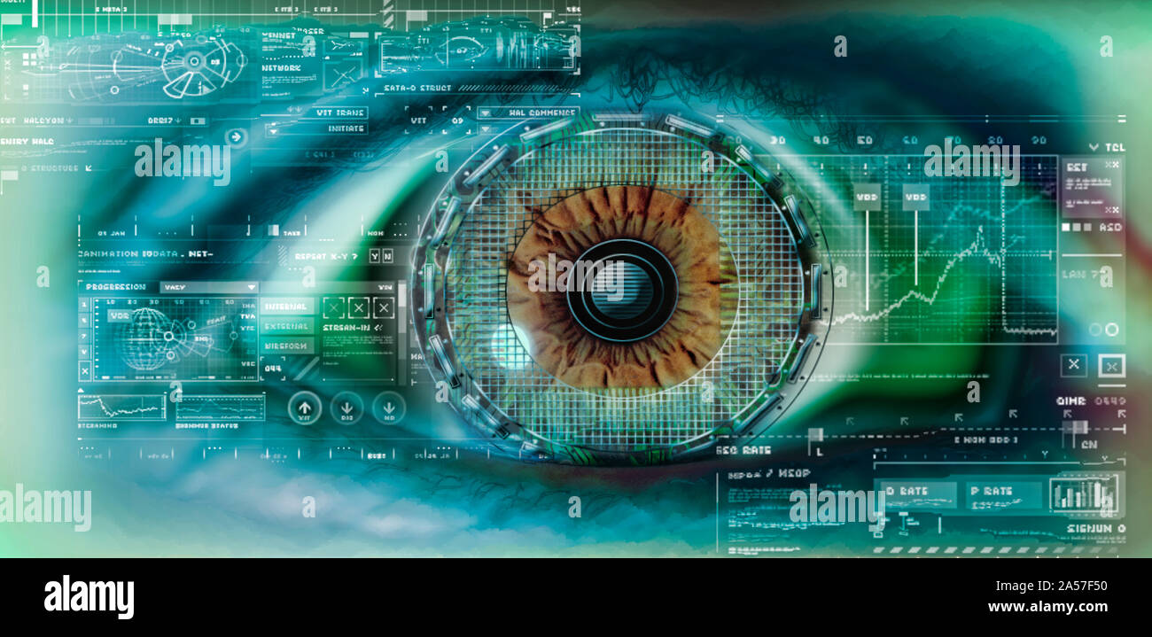 Close-up di un occhio con diagrammi di tech in astratto Foto Stock
