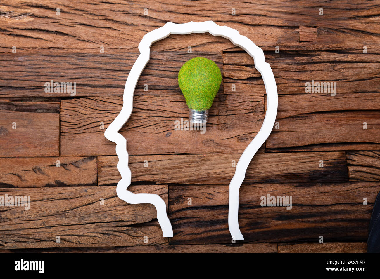 Lampadina idea all'interno di Silhouette di testa sulla scrivania in legno Foto Stock
