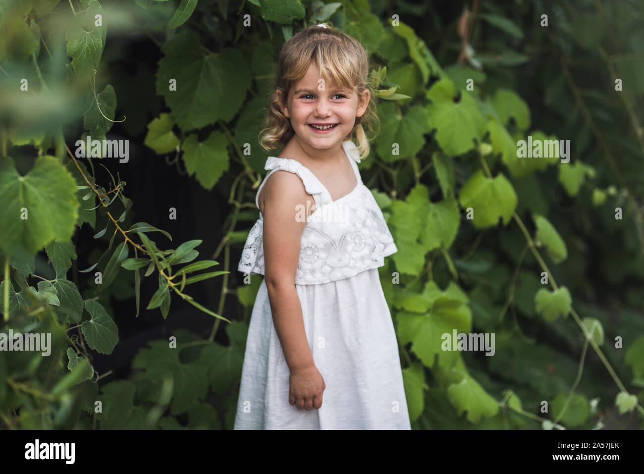 Adorabile bionda sorridente 4-yr-vecchia ragazza in sundress vicino e lussureggianti piante Foto Stock