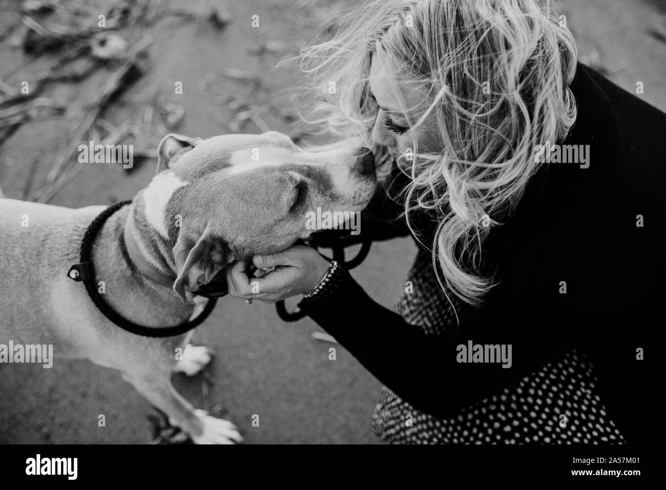 Donna baciare il suo cane sulla spiaggia Foto Stock