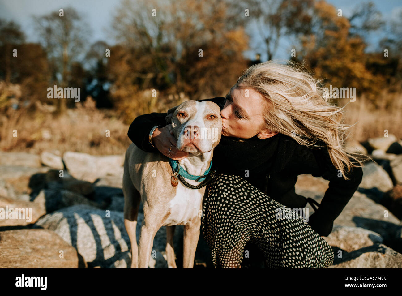 Donna baciare cane sulla spiaggia Foto Stock