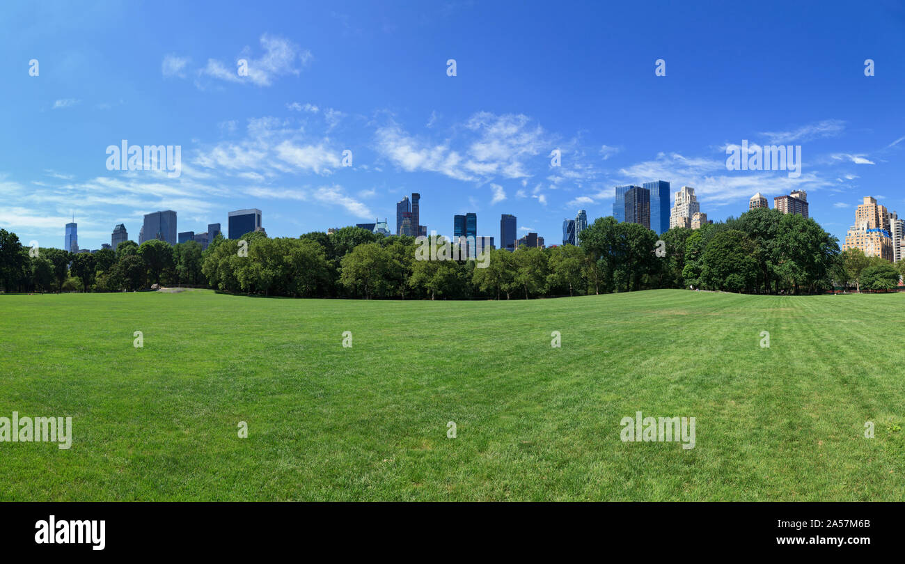 Parco con grattacieli in background, Sheep Meadow, Central Park, Manhattan, New York City, nello Stato di New York, Stati Uniti d'America Foto Stock