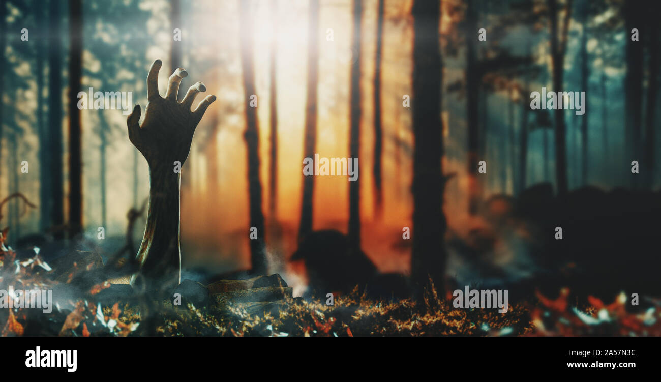 Concetto di Halloween, mano zombie che sale dalla terra. Il rendering 3D Foto Stock