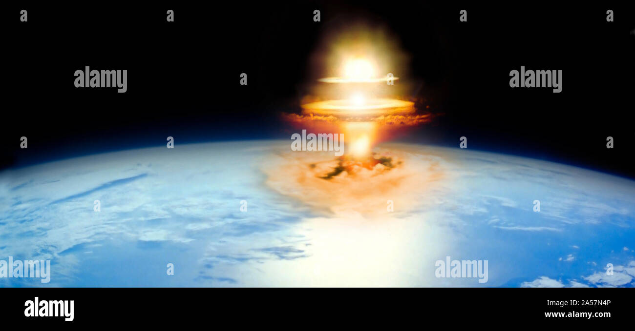 Il pianeta terra con esplosione atomica Foto Stock