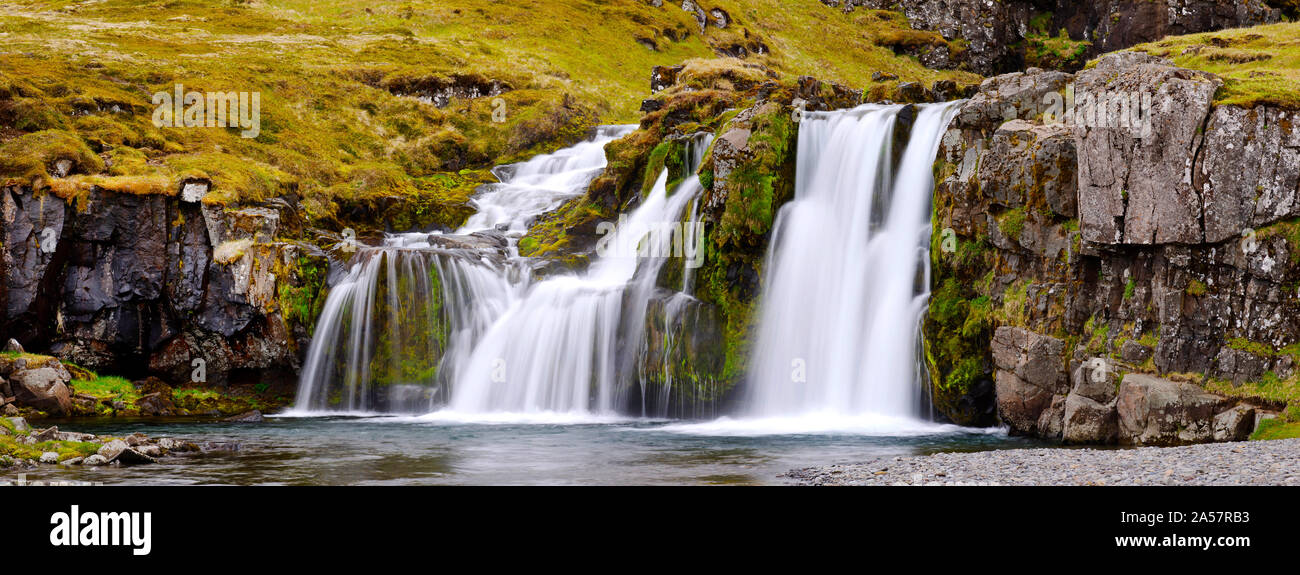 Cascata, Kirkjufellsfoss cascata, Myrar, Snaefellsnes, Borgarfjordur, Islanda Foto Stock