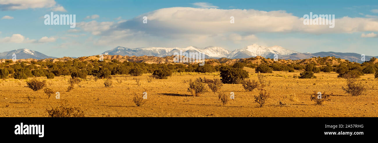 Alte pianure del deserto paesaggio con cime Sangre de Cristo montagne sullo sfondo, Nuovo Messico, STATI UNITI D'AMERICA Foto Stock