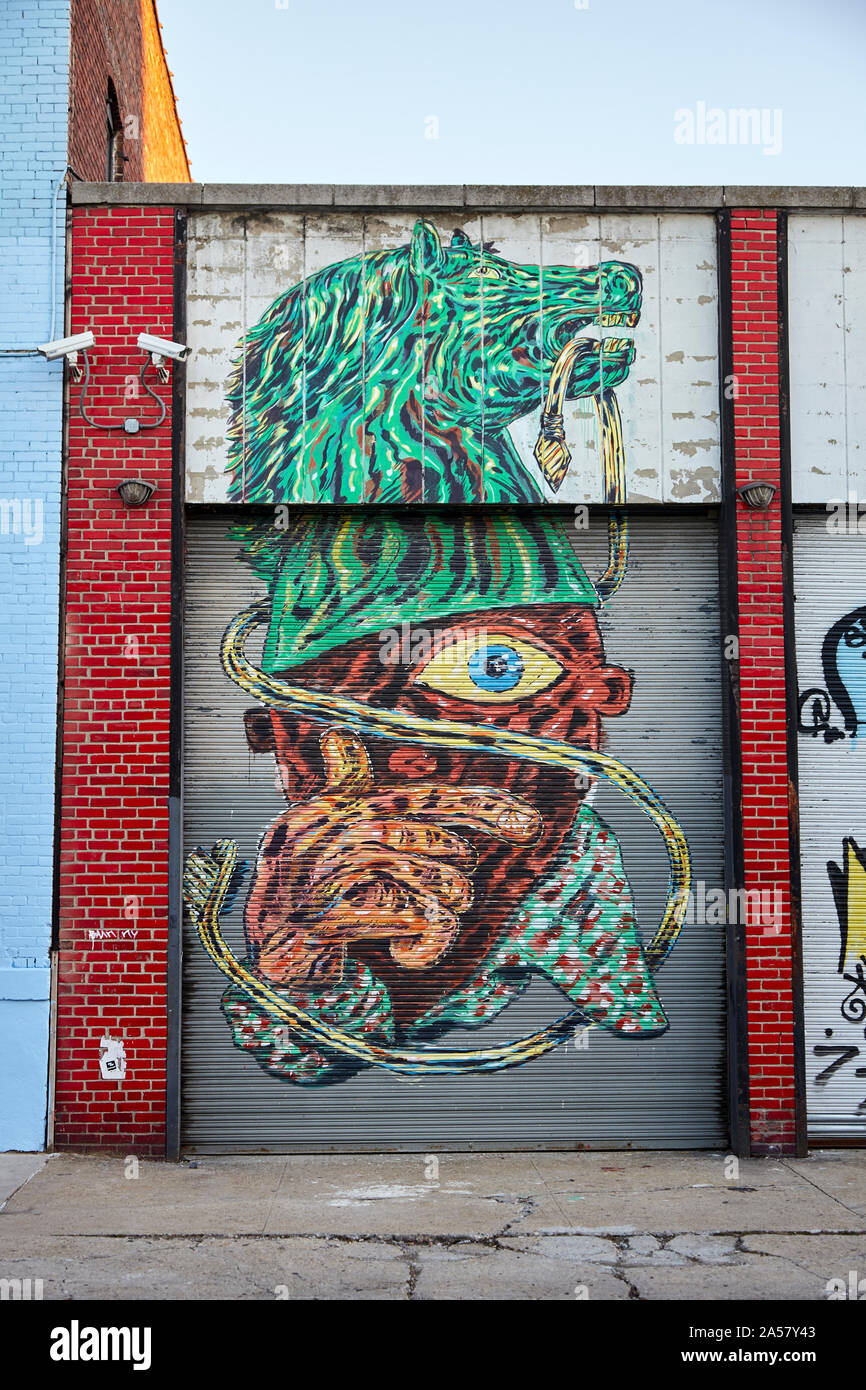 Graffiti in Bushwick di Brooklyn a New York. Questa zona è soggetto a rapidi cambiamenti e gentrification. Foto Stock