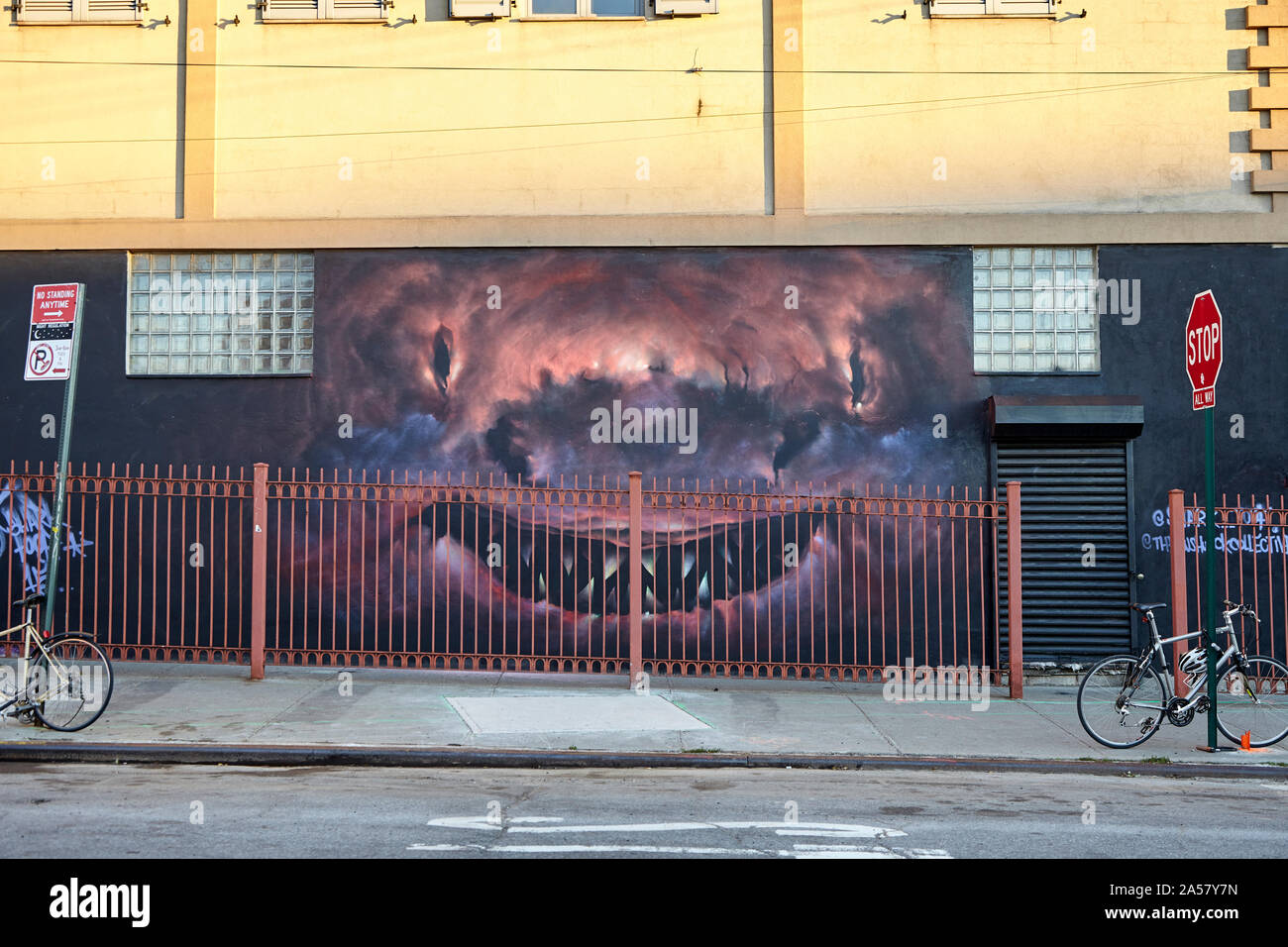 Graffiti in Bushwick di Brooklyn a New York. Questa zona è soggetto a rapidi cambiamenti e gentrification. Foto Stock