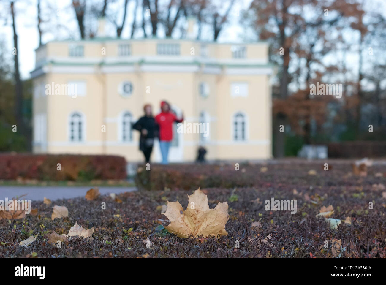 Carskoe Selo, San Pietroburgo, Russia - 15 Ottobre 2019: i turisti stanno camminando in autunno Catherine Park vicino al capanno SUPERIORE PADIGLIONE Foto Stock