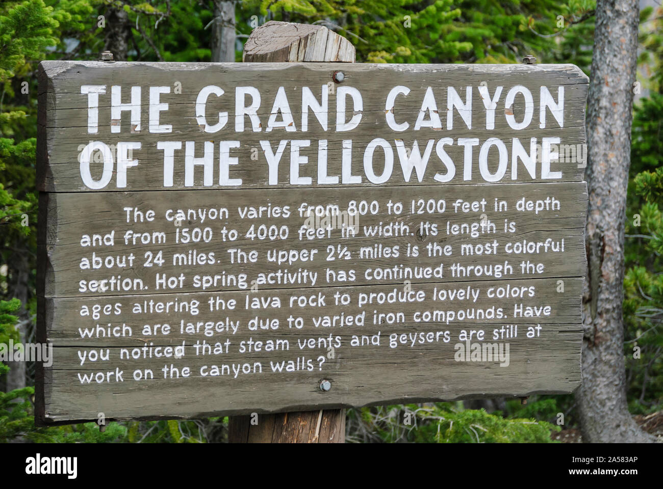 Informazioni segno per il Grand Canyon di Yellowstone presso il Parco Nazionale di Yellowstone. Foto Stock