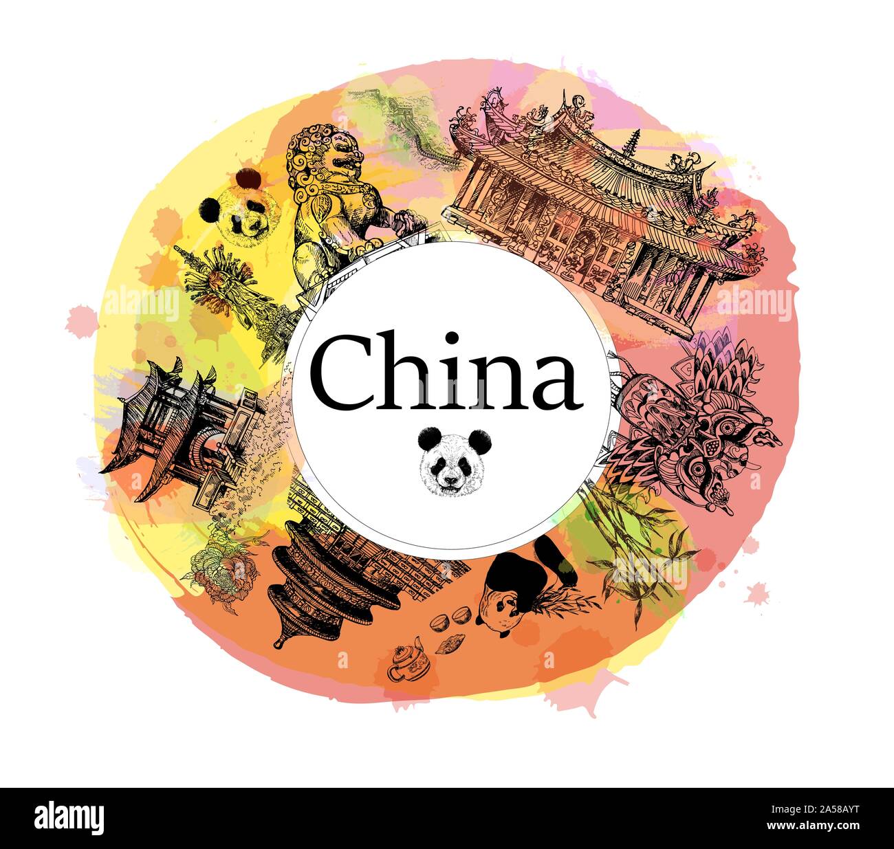 Carta per poster composizione della Cina gli oggetti correlati isolati su sfondo bianco. Illustrazione Vettoriale. Illustrazione Vettoriale