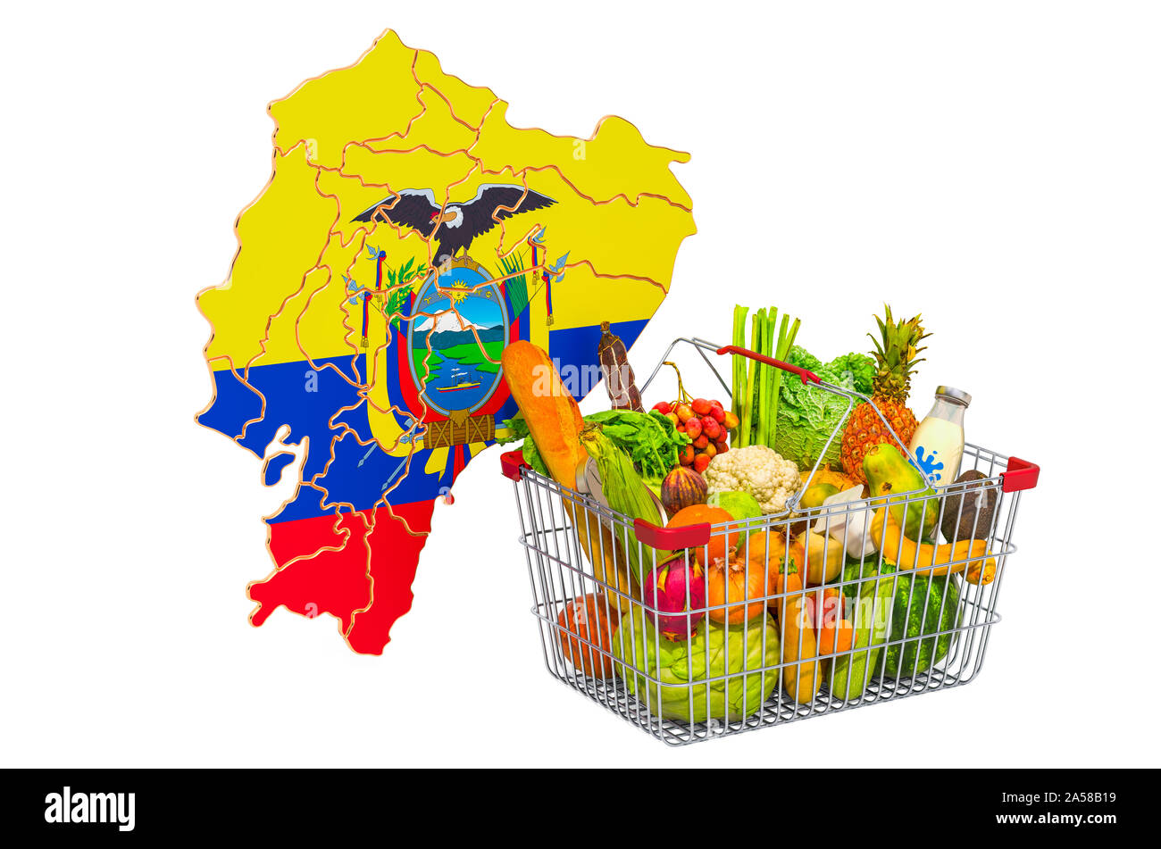 Il potere di acquisto e cesto di mercato in Ecuador il concetto. Carrello con mappa ecuadoriana, rendering 3D isolati su sfondo bianco Foto Stock
